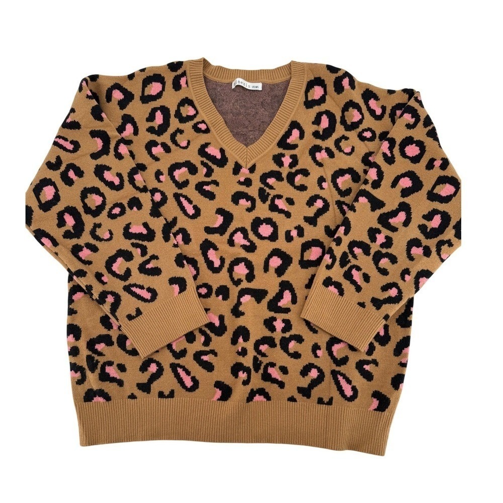 Ninexis Cheetah Print Safari V-Neck Pullover Sweater Women M/L Brown